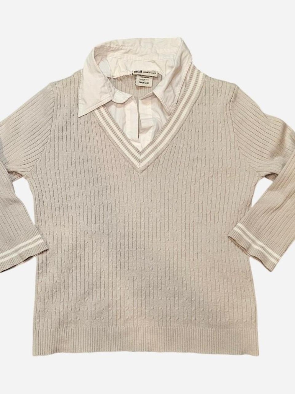 Y2K Faded Glory Cream Cable Knit V-Neck Sweater with White Collar